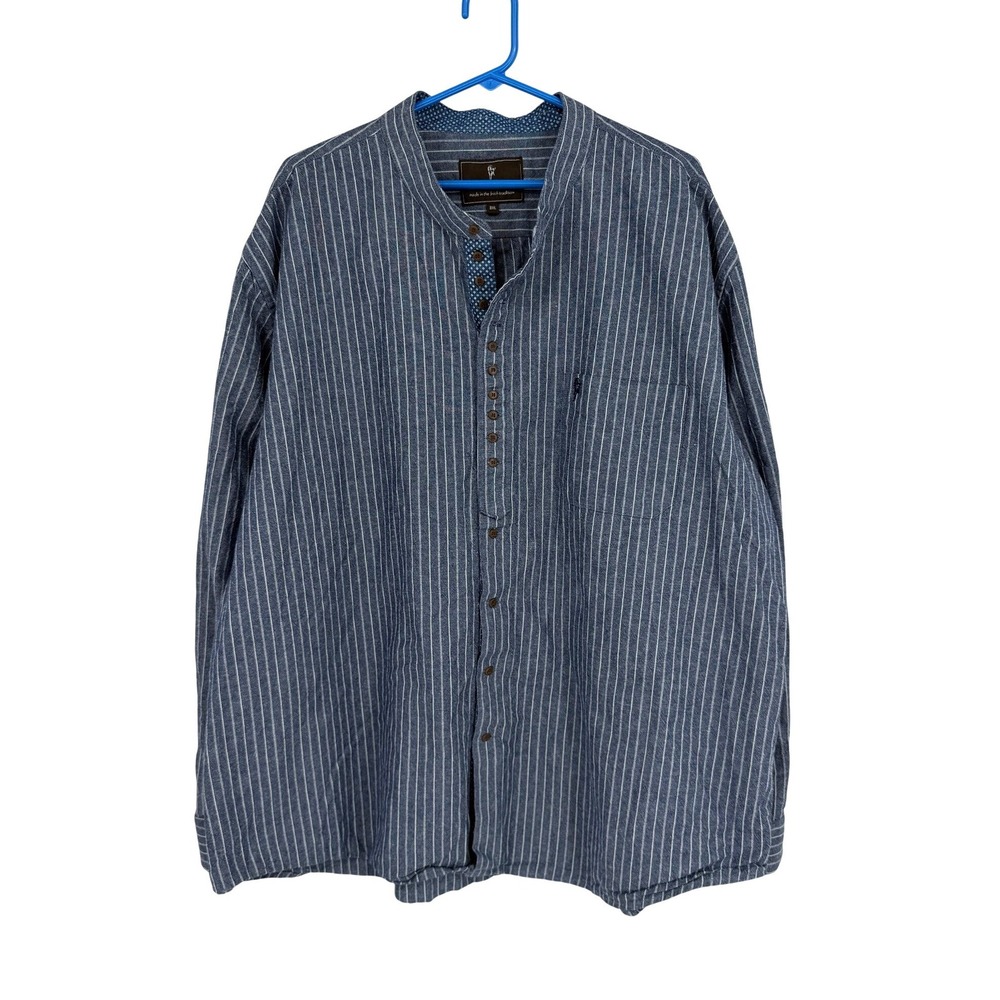 Celtic Ranchwear Mens 3XL Blue White Striped Linen Blend Grandfather Shirt - Picture 2 of 13